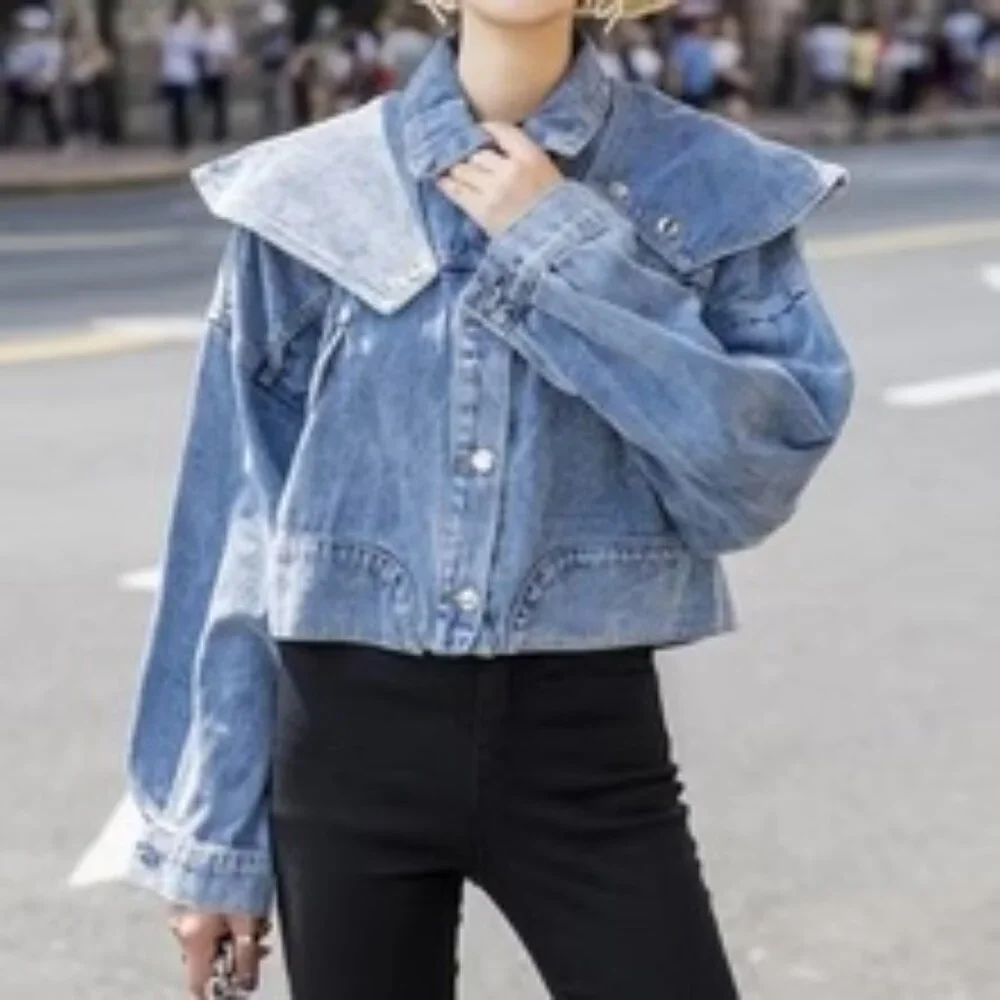 Bold Bib Collar Blue Jean Jacket – Trendy Cropped Cut - Picture 8 of 15
